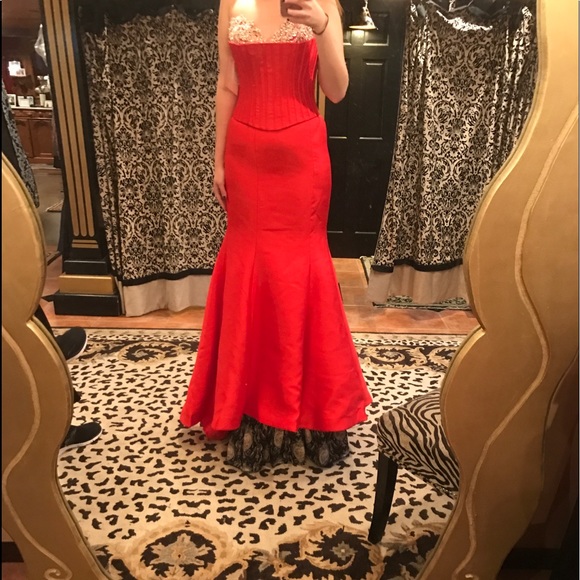 strapless open back dress Christina Red Lace Midi Dress W/ Long Sleeves main image 0